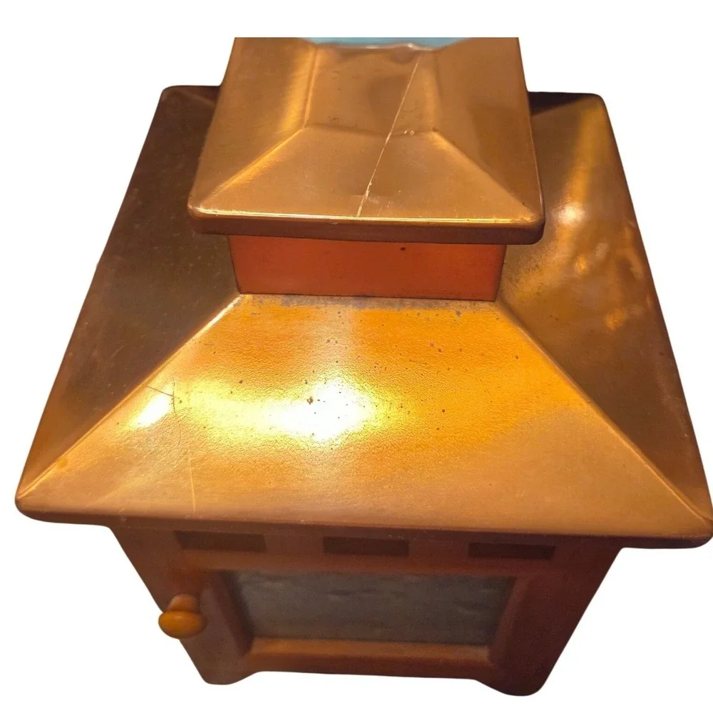 Wood Copper Candle Lantern Mission Style Rustic Seeded Textured Glass Decor